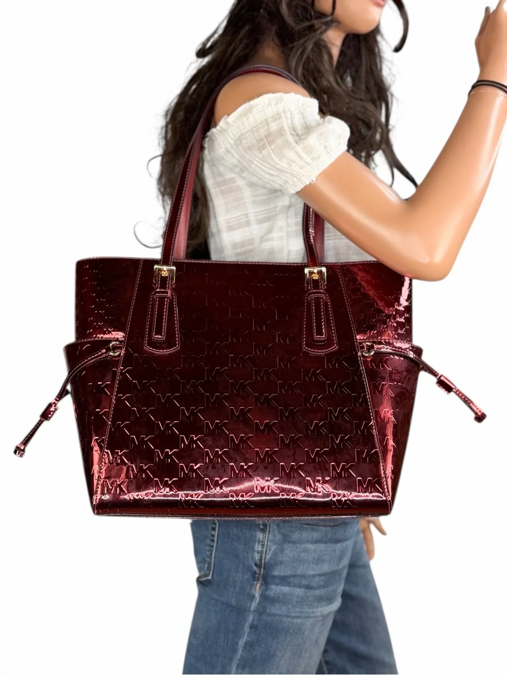 Michael Kors Voyager LG Mirror Metallic Tote Shoulder Bag MK Cherry - Picture 2 of 9